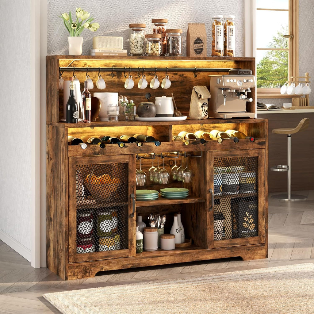 Wine Bar Cabinet with LED Light, Liquor Cabinet with Glass Holder, Coffee Bar for Liquor, Storage Buffet with Wine Racks, Wine Cabinet wourant