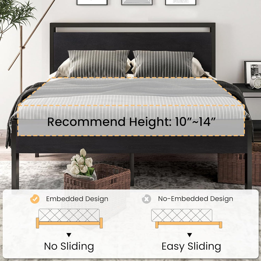 SHA CERLIN 14 Inch Queen Size Metal Platform Bed Frame with Wooden Headboard and Footboard wourant