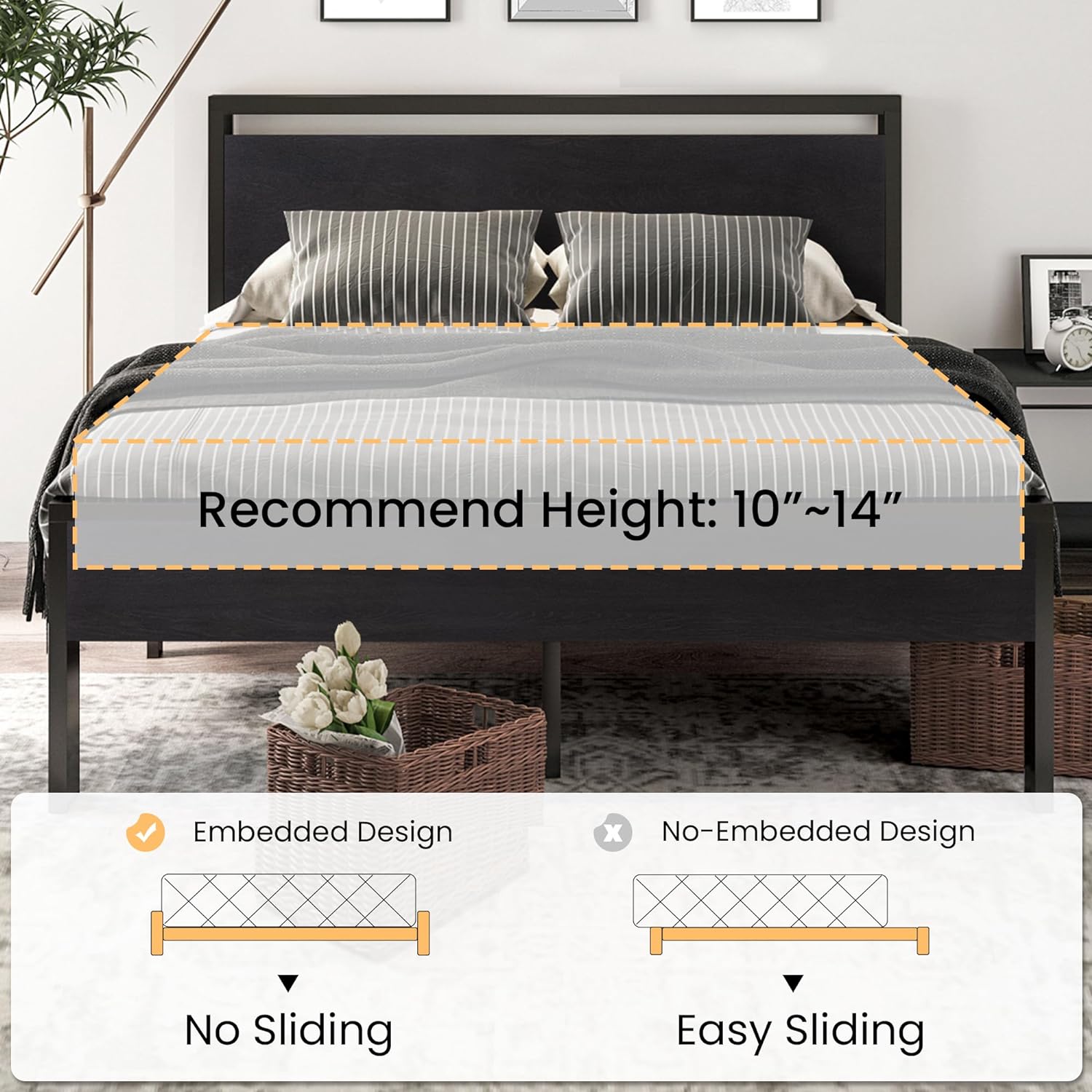 SHA CERLIN 14 Inch Queen Size Metal Platform Bed Frame with Wooden Headboard and Footboard wourant