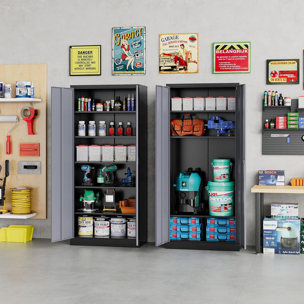 Metal Storage Cabinet with 2 Doors and 6 Shelves, Black Metal Cabinet with Lock, 71 Inch Lockable Garage Storage Cabinet wourant