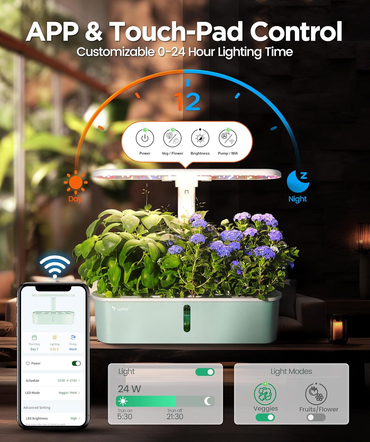 Hydroponic Planting System Kit, App and WiFi Controlled Smart Indoor Garden with 24W Full Spectrum Grow Light wourant