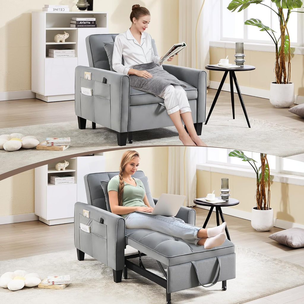Convertible Sleeper Chair, 3 in 1 Sleeper Chair Bed Pull Out Sofa Bed Chairs, Velvet Single Sofa with Adjustable Backrest wourant