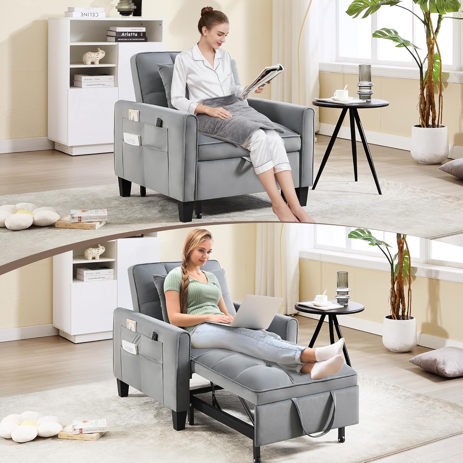 Convertible Sleeper Chair, 3 in 1 Sleeper Chair Bed Pull Out Sofa Bed Chairs, Velvet Single Sofa with Adjustable Backrest wourant