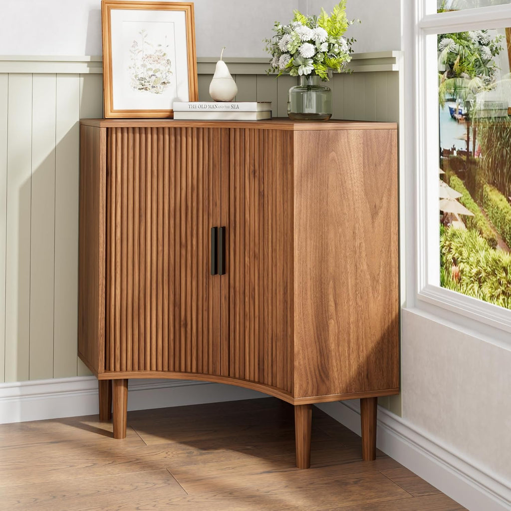 Fluted corner cabinet, small corner base cabinet modern wooden storage organizer wourant