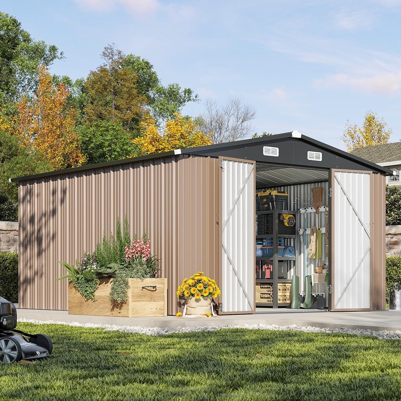 Aoxun 10 x 12 ft Outdoor Storage Shed with Double Hinged Door Utility Garden Shed wourant