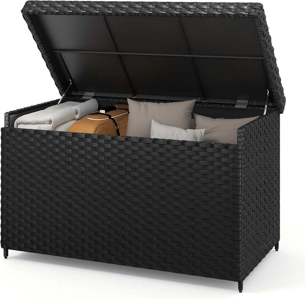 DWVO 70Gal Outdoor Storage Bench with Cushion & Composite Wood Backrest, All-Weather Wicker Deck Bench with Rustproof Bag, Poolside, Patio, Garden (Sand Beige) wourant