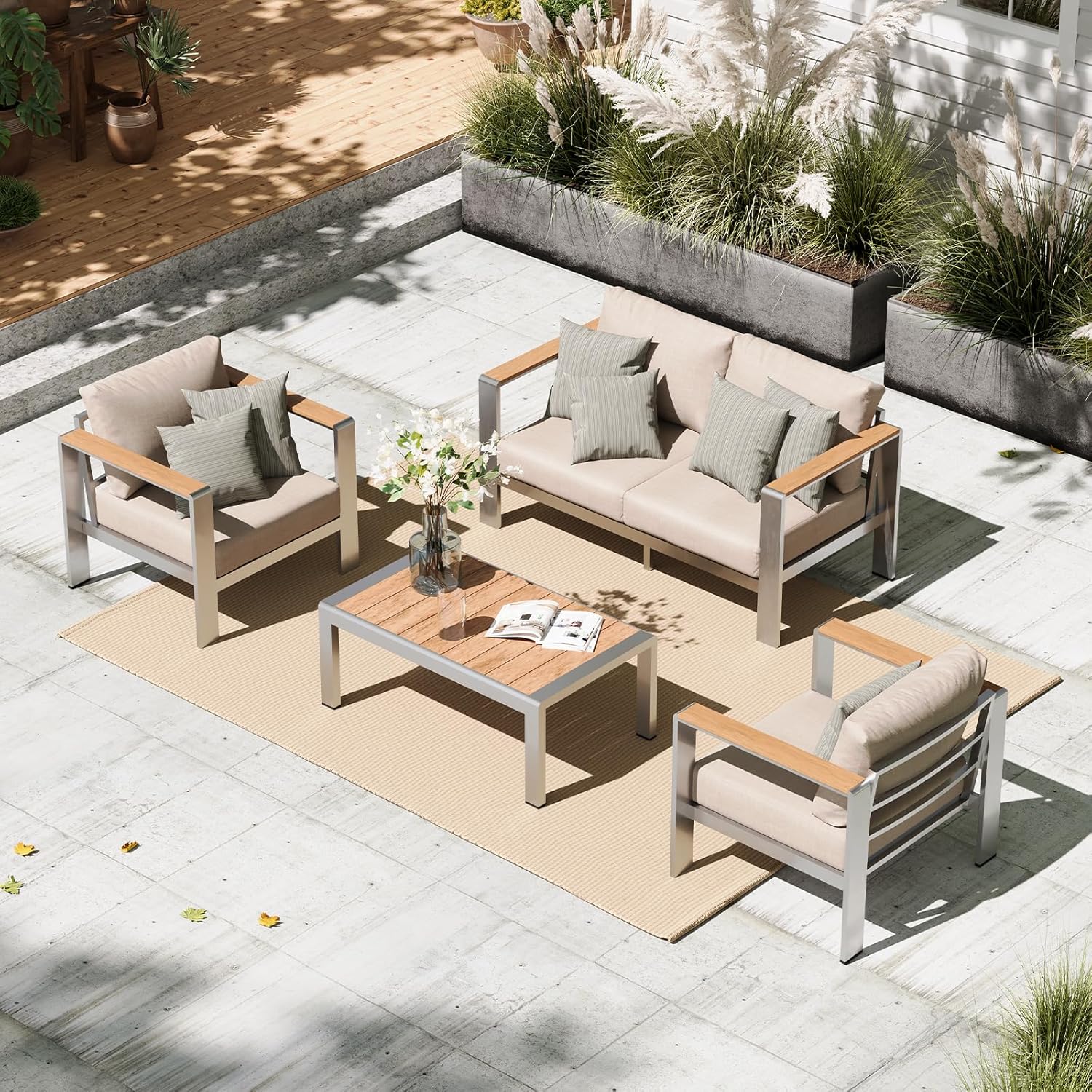 Aluminum Outdoor Patio Furniture Set with Coffee Table, 5 Piece Patio Conversation Sets, Outdoor Sectional Furniture for Porch, Balcony, Yard, Gray woonhhop