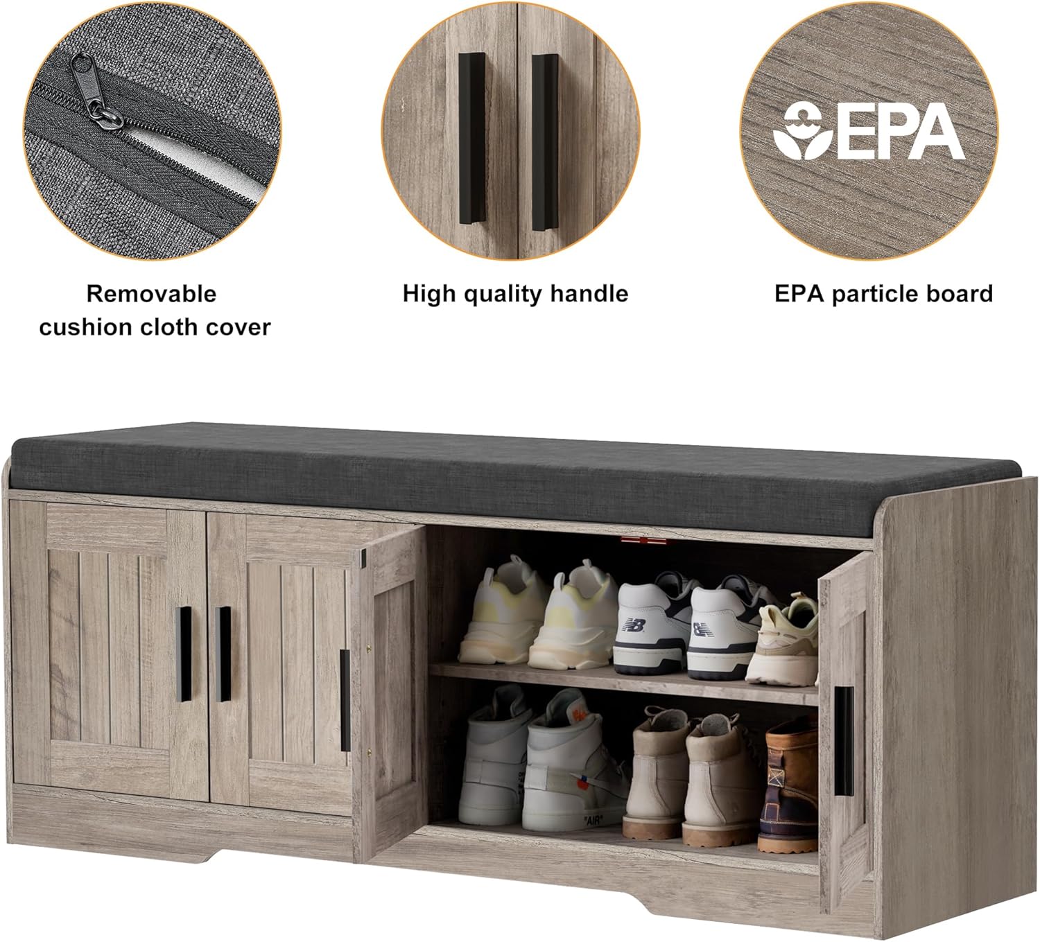 2-Tier Storage Bench, Shoe Bench with Thickened Padded Seat Cushion, Entryway Bench with 4 Doors, Adjustable Shelf, 13.8" D x 45.3" W x 18.5" H, for Entryway, Living Room, Bedroom, White wourant