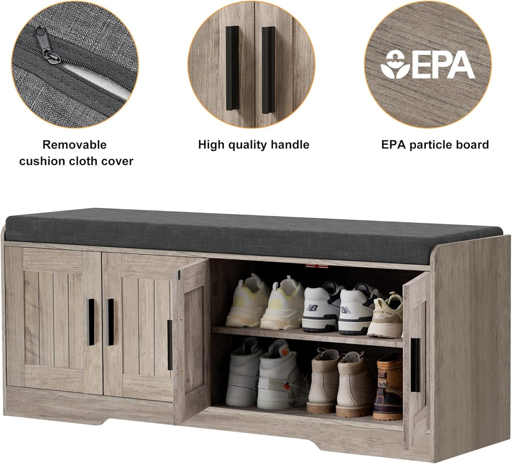 2-Tier Storage Bench, Shoe Bench with Thickened Padded Seat Cushion, Entryway Bench with 4 Doors, Adjustable Shelf wourant