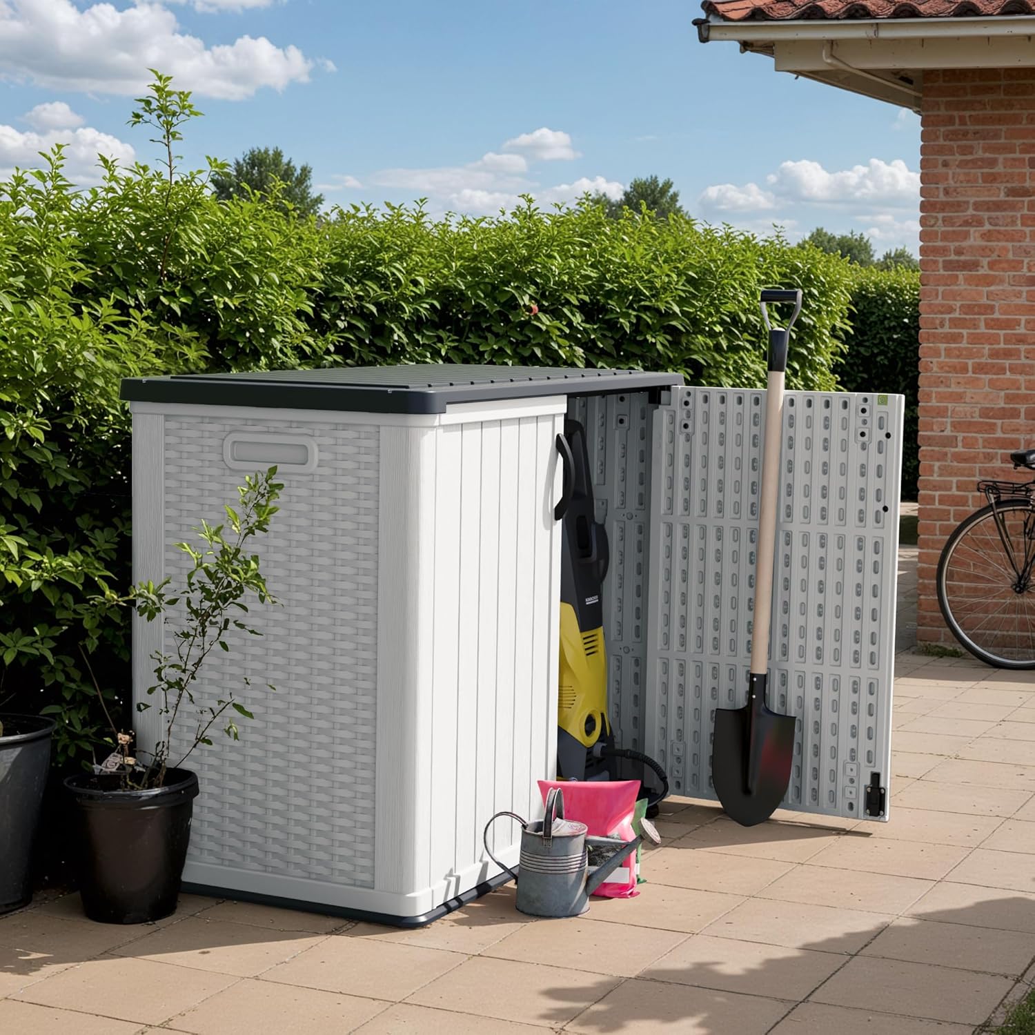Devoko Outdoor Storage Cabinet 26 Cu Ft with Lockable Doors, Horizontal Storage Shed Waterproof Patio Tools Storage Box wourant