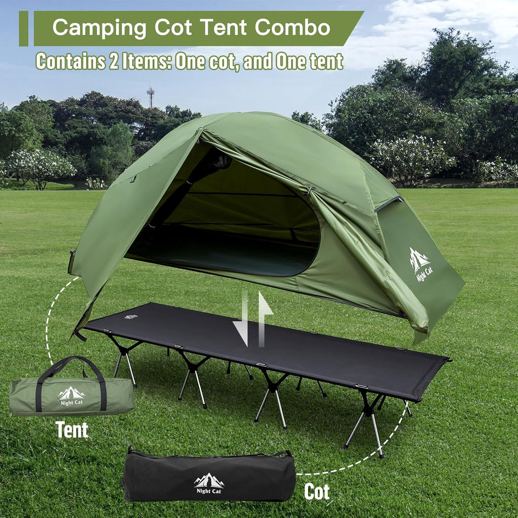 Night Cat Camping Cot Tent - Waterproof 1-Person Off-Ground Combo Cot Bed for Adults Portable Easy Set-up Tent wourant