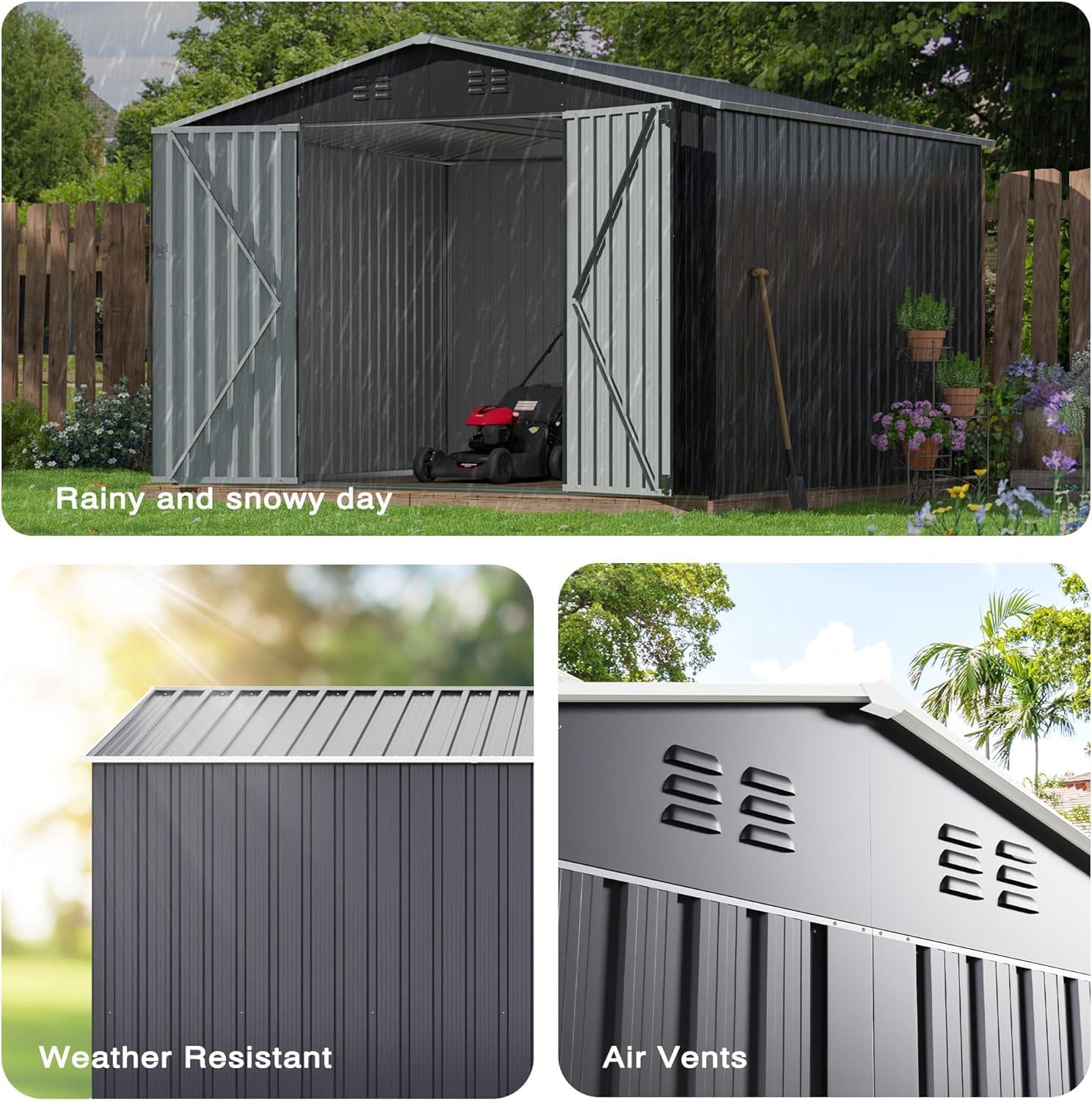 Polar Aurora 8 x 12 FT Outdoor Storage Shed, Metal Garden Shed with Updated Frame Structure, Tool Sheds for Backyard Garden Patio Lawn Black wourant