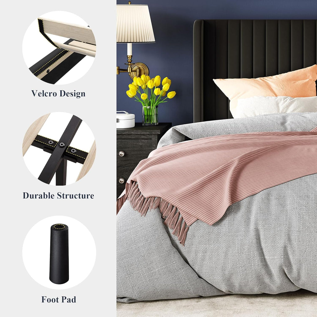Allewie Full Size Velvet Bed Frame Vertical Channel Tufted Wingback Headboard Upholstered Bed wourant
