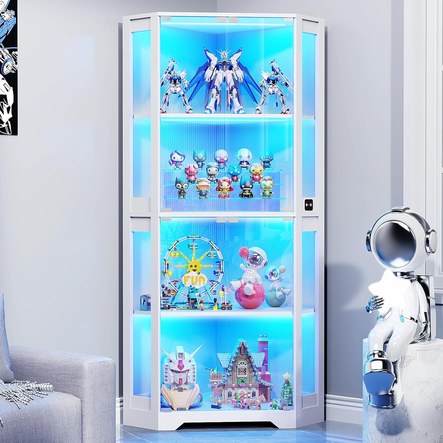 Corner Display Cabinet with Glass Doors, 65" Lighted Curio Cabinet with 3 Color Lights wourant