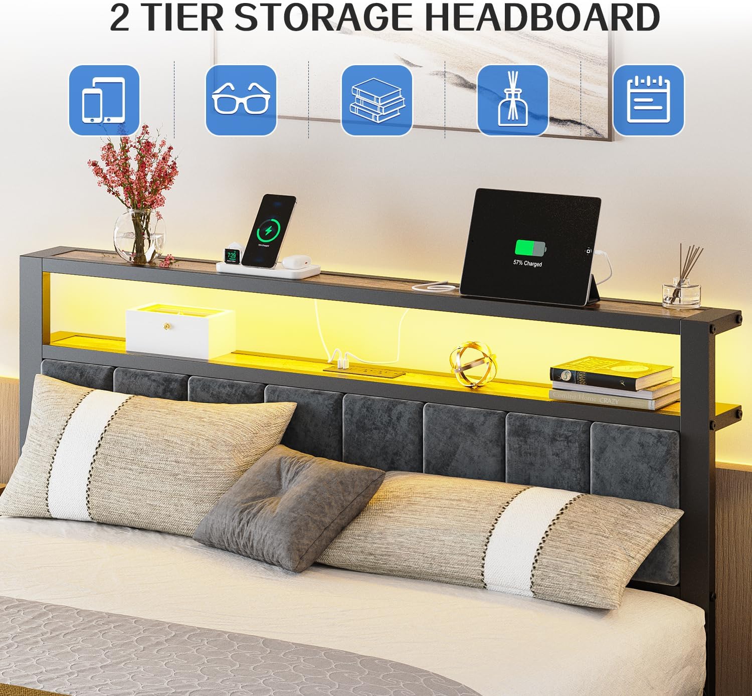 Queen Size Bed Frame with 2-Tier Storage Shelves Headboard Platform Bed Charging Station wourant