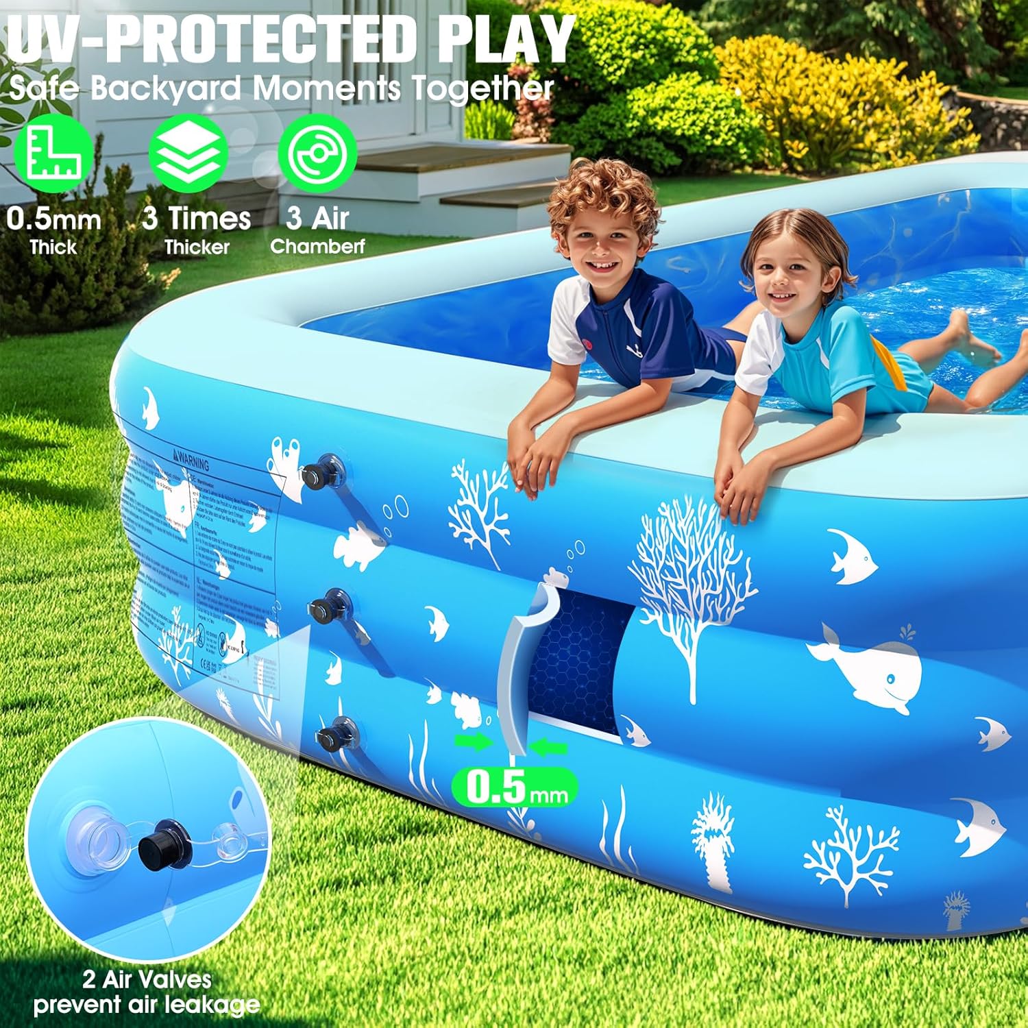 Inflatable Pool with Seat and Pool Lights, Durable Thickened Large Size Family Inflatable Pools for Adults Blow Up Pools,105" x 65" x 25"Swimming Inflatable Kids PooI for Backyard,Outdoor (White) wourant