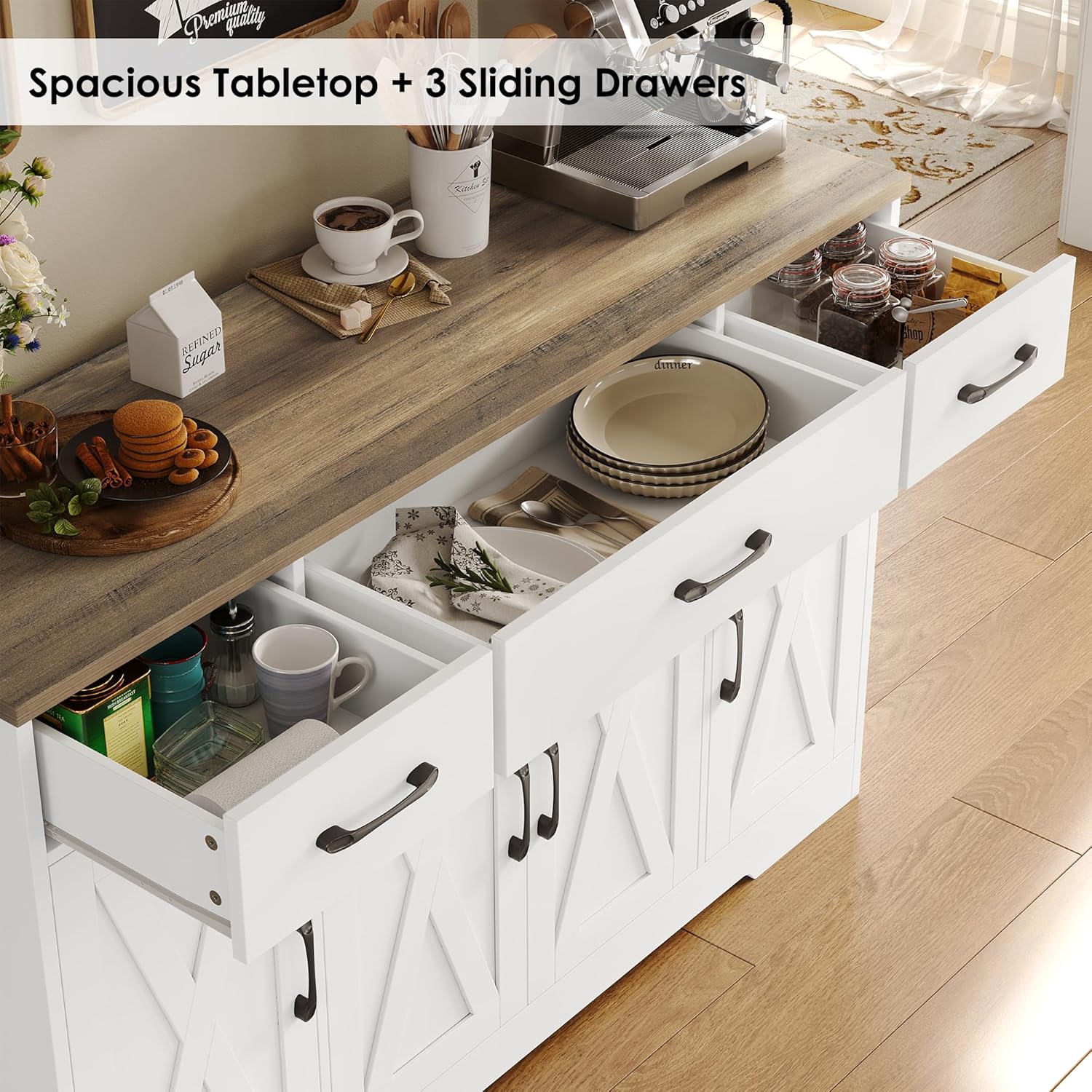 HOSTACK Buffet Cabinet with Drawers, 55" Large Sideboard Buffet Storage Cabinet with Shelves and Doors, Modern Farmhouse Coffee Bar Station Wood Kitchen Table for Kitchen, Dining Room, White/Rustic wourant