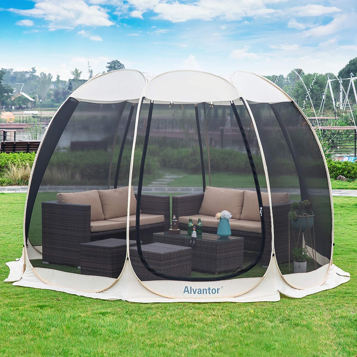 Alvantor Screen House Gazebo, 6-10-15 Person Pop Up Igloo Screened Canopy Tent with Mosquito Netting Sides, Instant UV Resistant Sun Shelter for Garden, Patio, Backyard wourant