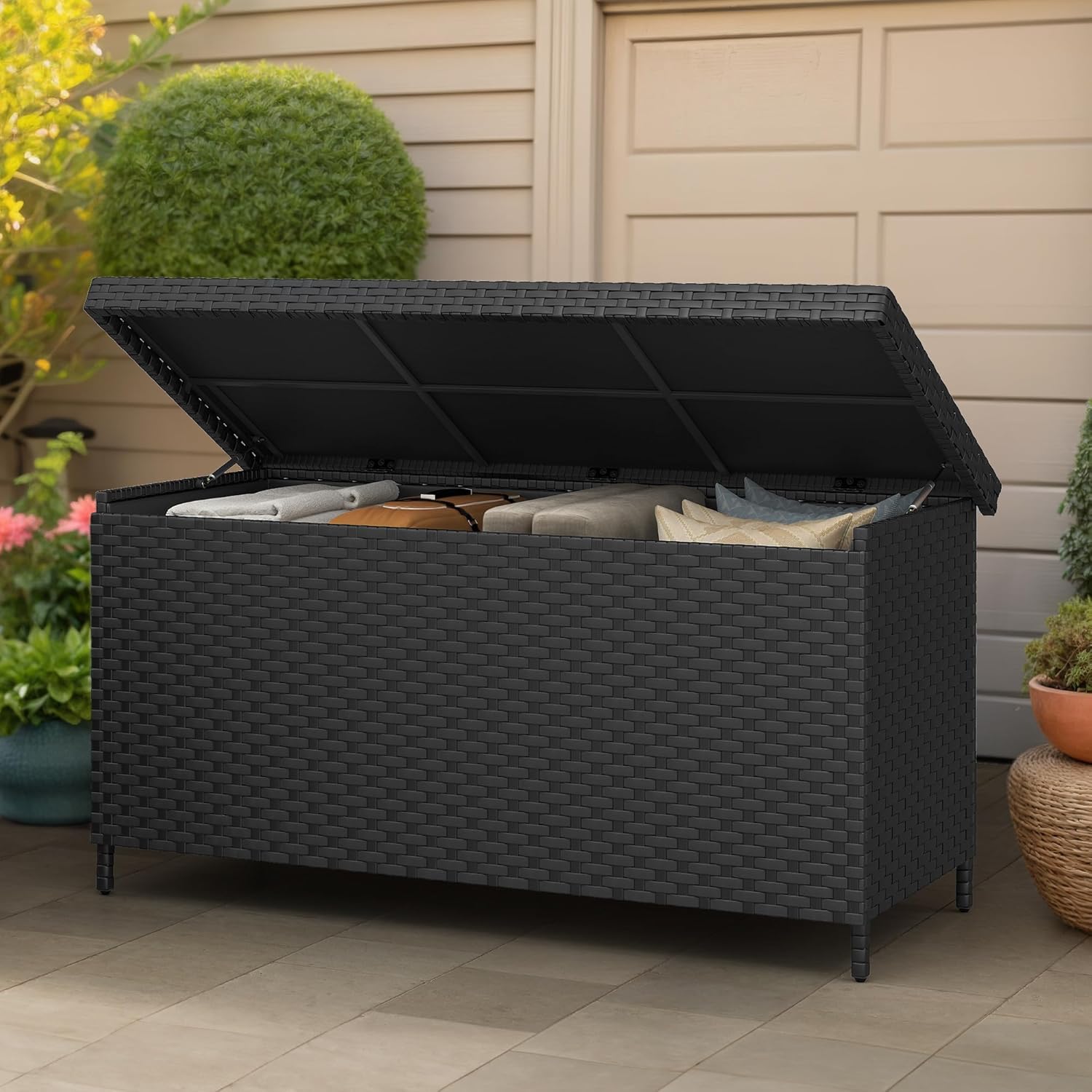DWVO 70Gal Outdoor Storage Bench with Cushion & Composite Wood Backrest, All-Weather Wicker Deck Bench with Rustproof Bag, Poolside, Patio, Garden (Sand Beige) wourant