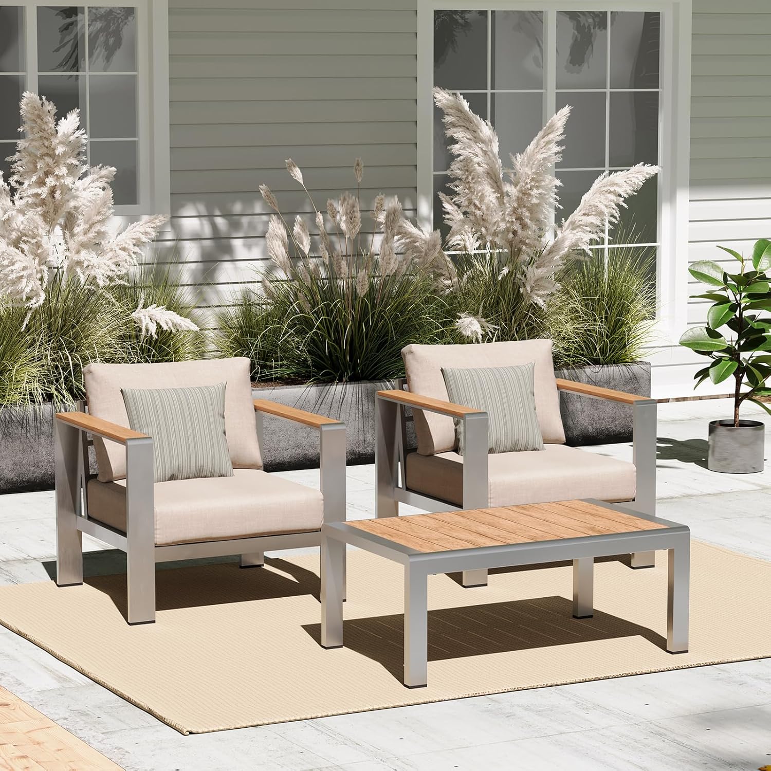 Aluminum Outdoor Patio Furniture Set with Coffee Table, 4 Piece Patio Conversation Sets with Washable Thick Cushions, Outdoor Sectional Furniture Set for Poolside, Balcony, Deck, Gray woonhhop