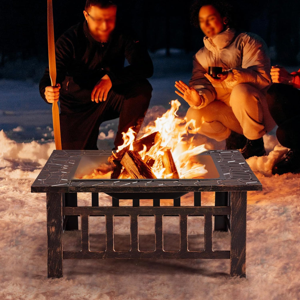Yaheetech Multifunctional Fire Pit Table 32in Square Metal Firepit Stove Backyard Patio Garden Fireplace for Camping, Outdoor Heating, Bonfire and Picnic wourant