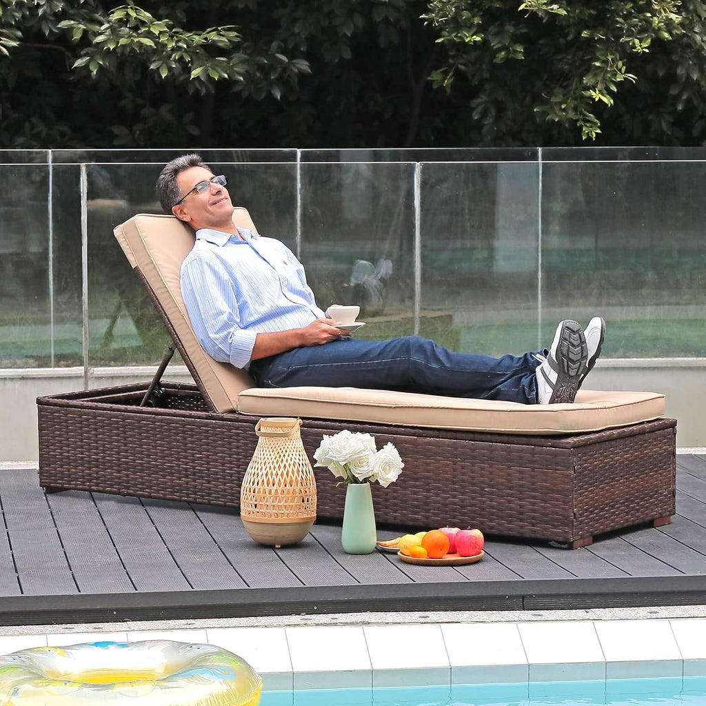 Patiorama Outdoor Patio Lounge Chair Elegant Reclining Adjustable Pool Rattan Chaise Chair wourant