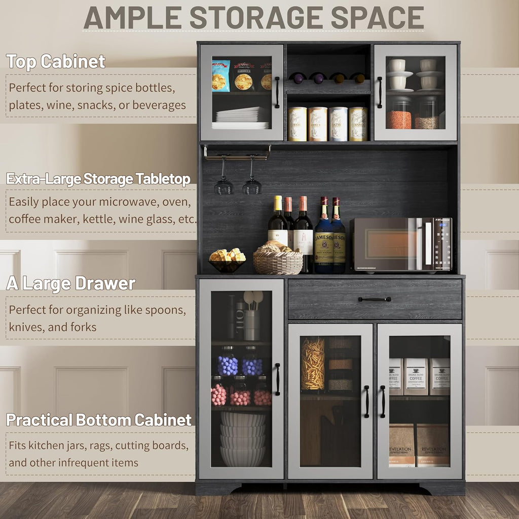 Kitchen Hutch Pantry Cabinet 71" Tall with Glass Doors wourant