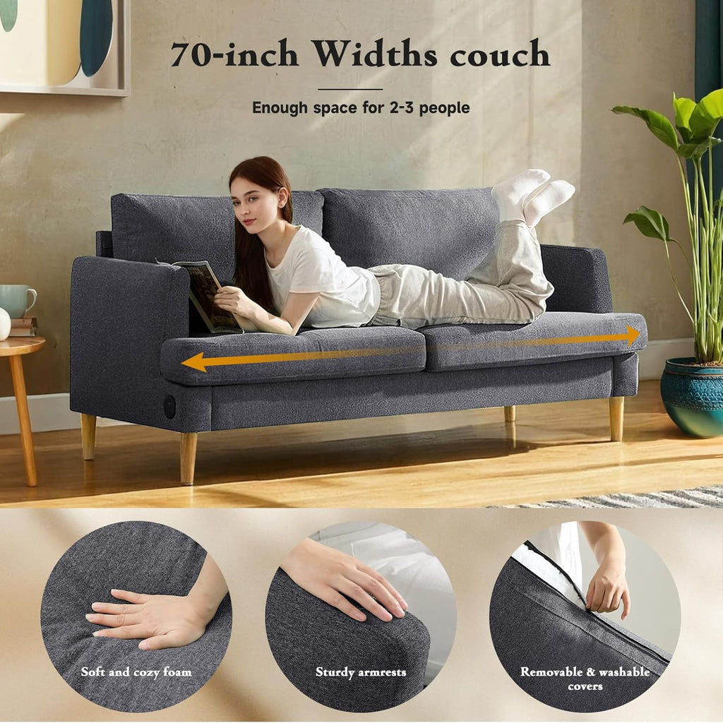 Loveseat Sofa Couch for Living Room USB Type C Ports Dark Gray Upholstered Small Couches wourant
