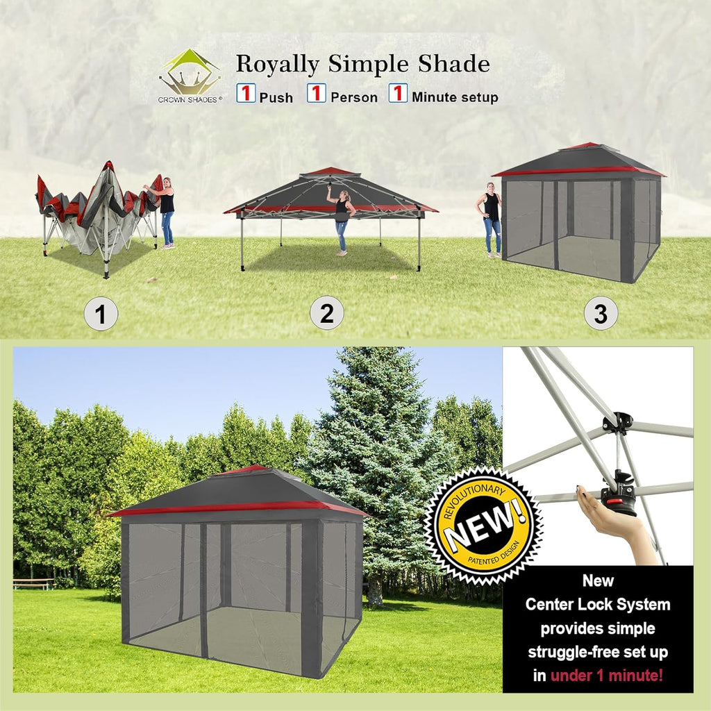 CROWN SHADES 13x13 Pop Up Gazebo, Canopy Tent, Gazebos on Clearance - Outdoor Gazebo for Backyard & Patio Furniture - Carpa Pop Up Tent with Wheeled STO-N-Go Cover Bag (White) wourant