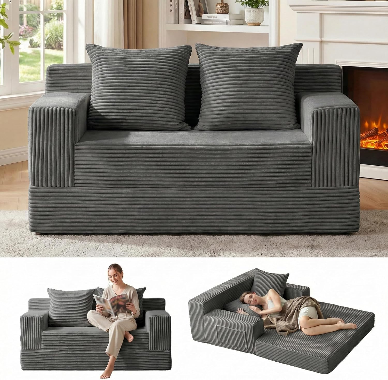 Loveseat Boneless Convertible Sofa Bed, Folding Floor Futon Sleeper Sofa Couch Bed- Boneless Foldable Couch, Corduroy Pull Out Sofa Bed with 2 Pillows for Living Room & Bedroom wourant