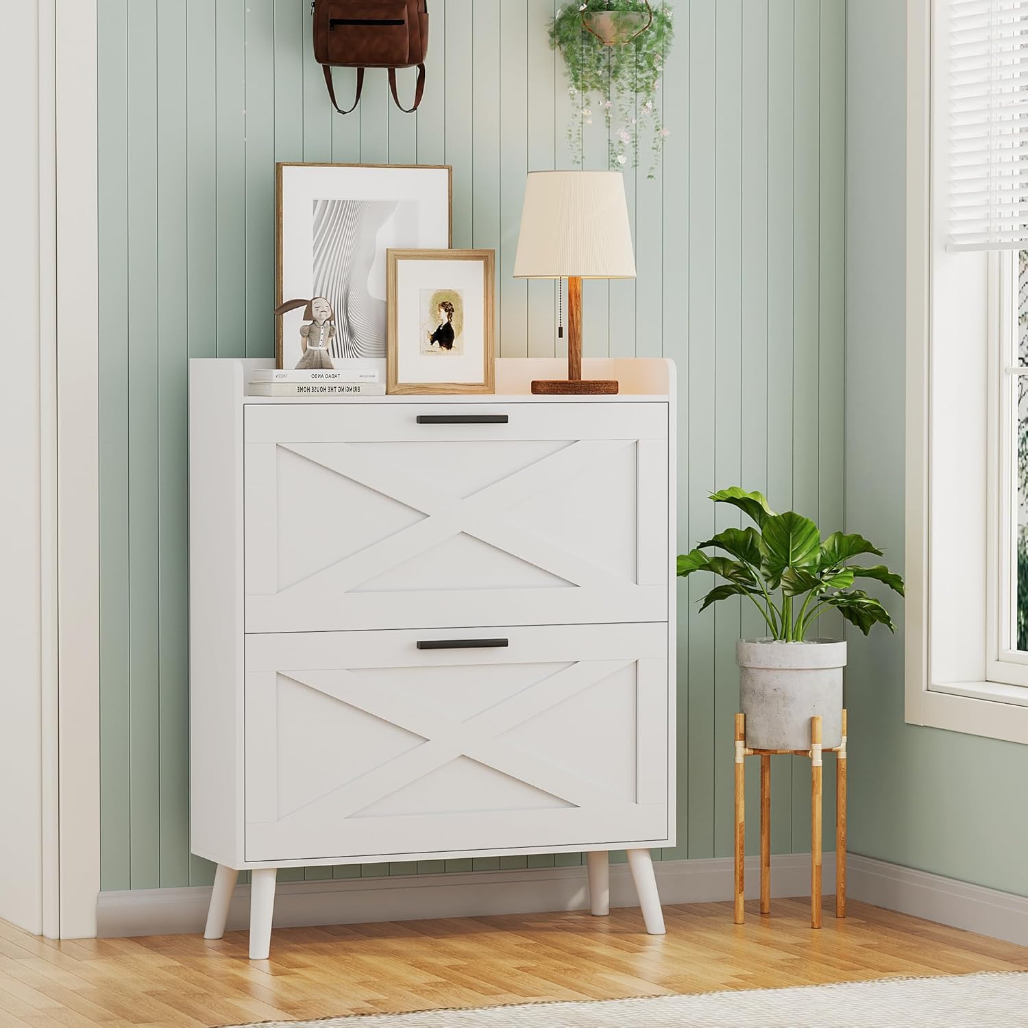 32" W Farmhouse Shoe Storage Cabinet Modern Hidden Slim Narrow Shoe Rack Cabinet wourant