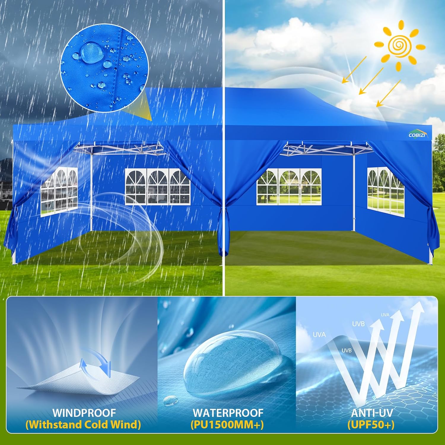 COBIZI 10x20 Heavy Duty Pop up Canopy Tent with 6 sidewalls Easy Up Commercial Outdoor Canopy Wedding Party Tents for Parties All Season Wind & Waterproof Gazebo with Roller Bag,Black(Frame Thickened) wourant