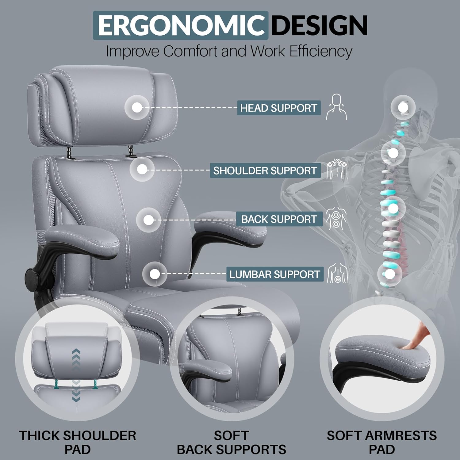 Office Chair Large High-Foot Computer Desk Chair, Breathable Leather Chair Lumbar Support Rotating Computer Chair wourant