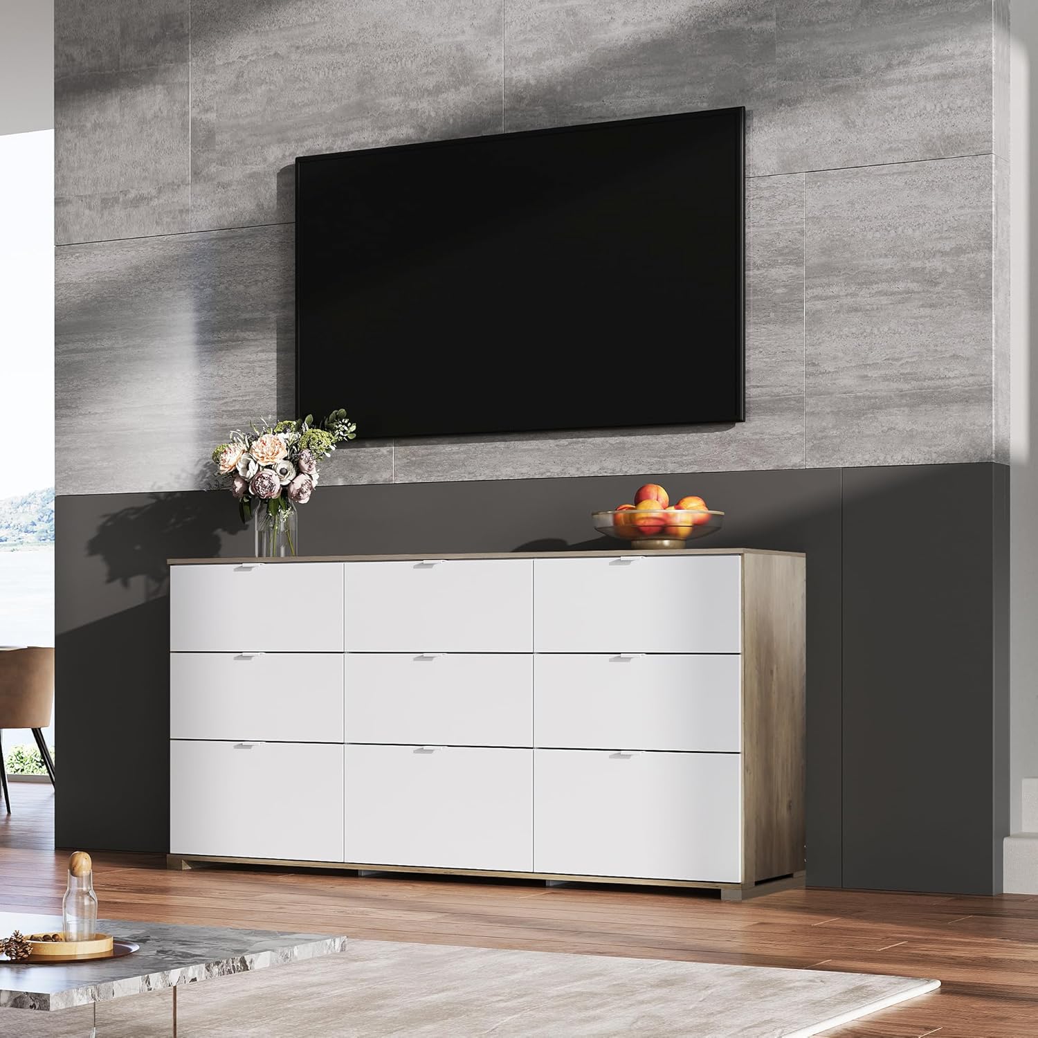 9 Drawer Led Dresser for Bedroom, 58.35'' Wide Wood Dresser Storage Organizer with Power Outlets for 65'' TV, Dressers with Open Shelves wourant