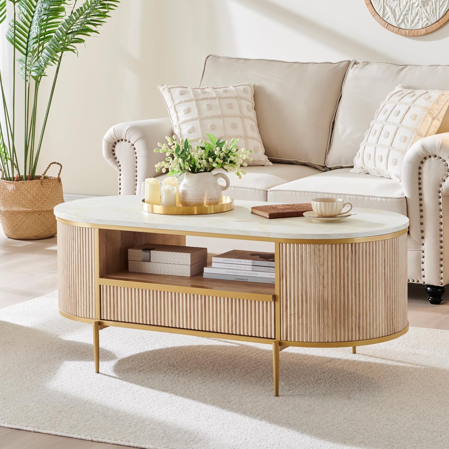 OKD Modern Luxury Grooved Coffee Table, 48 Inch Oval Coffee Table with Drawers, Imitation Marble Top, Curved Contour Design, Gold Metal Trim, Living Room Center Table wourant