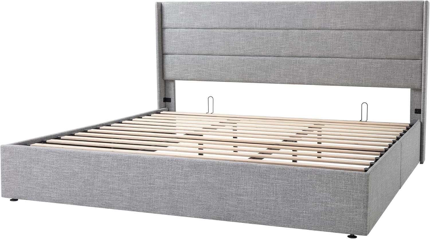 Allewie Queen Size Lift Up Storage Bed Modern Wingback Headboard Hydraulic Support wourant