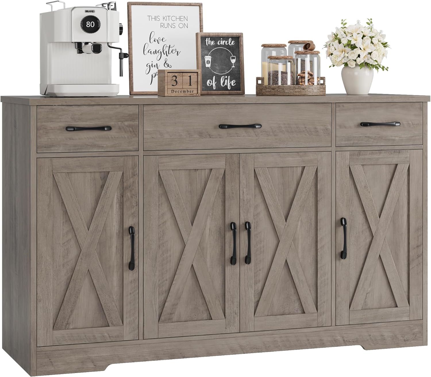 Sideboard with drawers, large 55-inch sideboard, sideboard storage with shelves and doors, modern farmhouse coffee bar wood kitchen dining table wourant