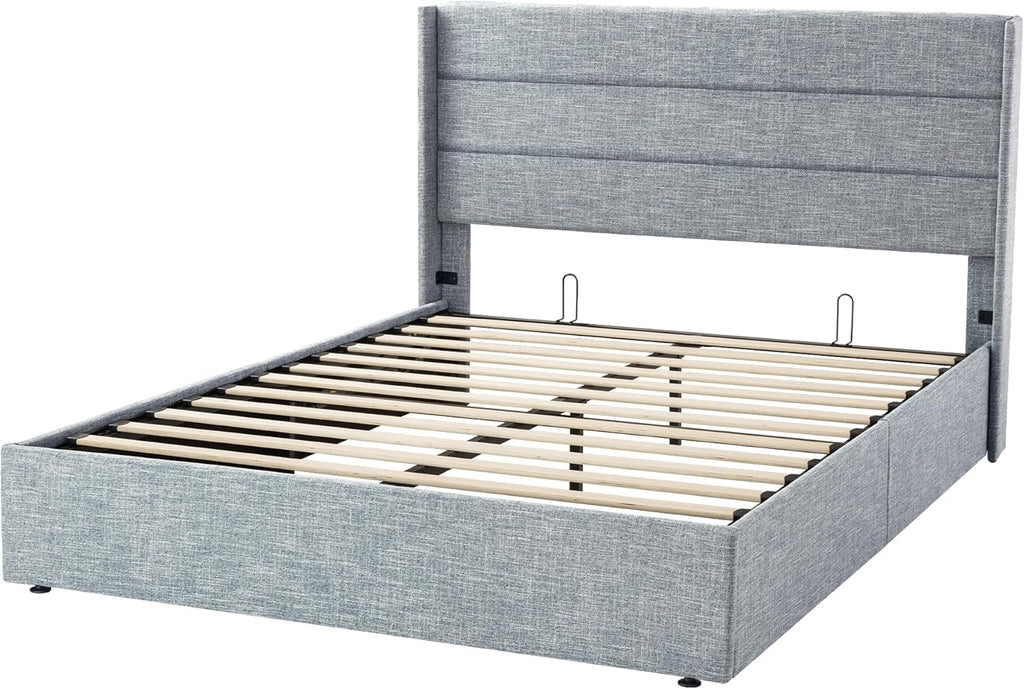 Allewie Queen Size Lift Up Storage Bed Modern Wingback Headboard Hydraulic Support wourant