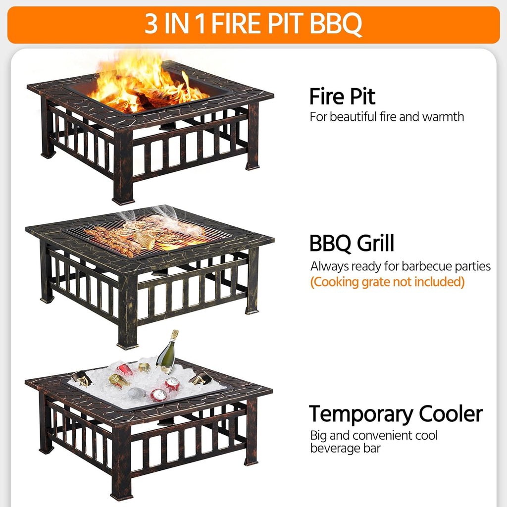 Yaheetech Multifunctional Fire Pit Table 32in Square Metal Firepit Stove Backyard Patio Garden Fireplace for Camping, Outdoor Heating, Bonfire and Picnic wourant