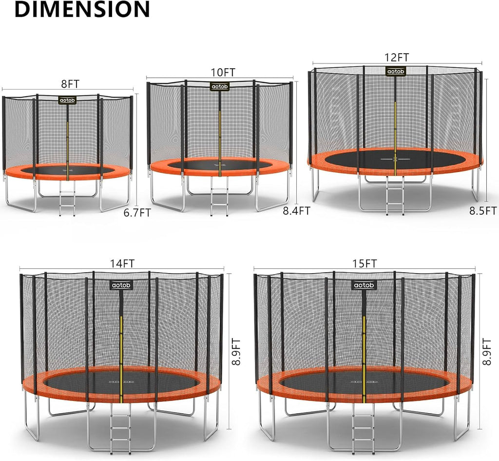 AOTOB 8FT 10FT 12FT 14 FT 15FT Trampoline with Safety Enclosure Net，Outdoor Trampoline with Basketball Hoop, Heavy Duty Jumping Mat and Spring Cover Padding for Kids and Adults, Storage Bag and Ladder wourant