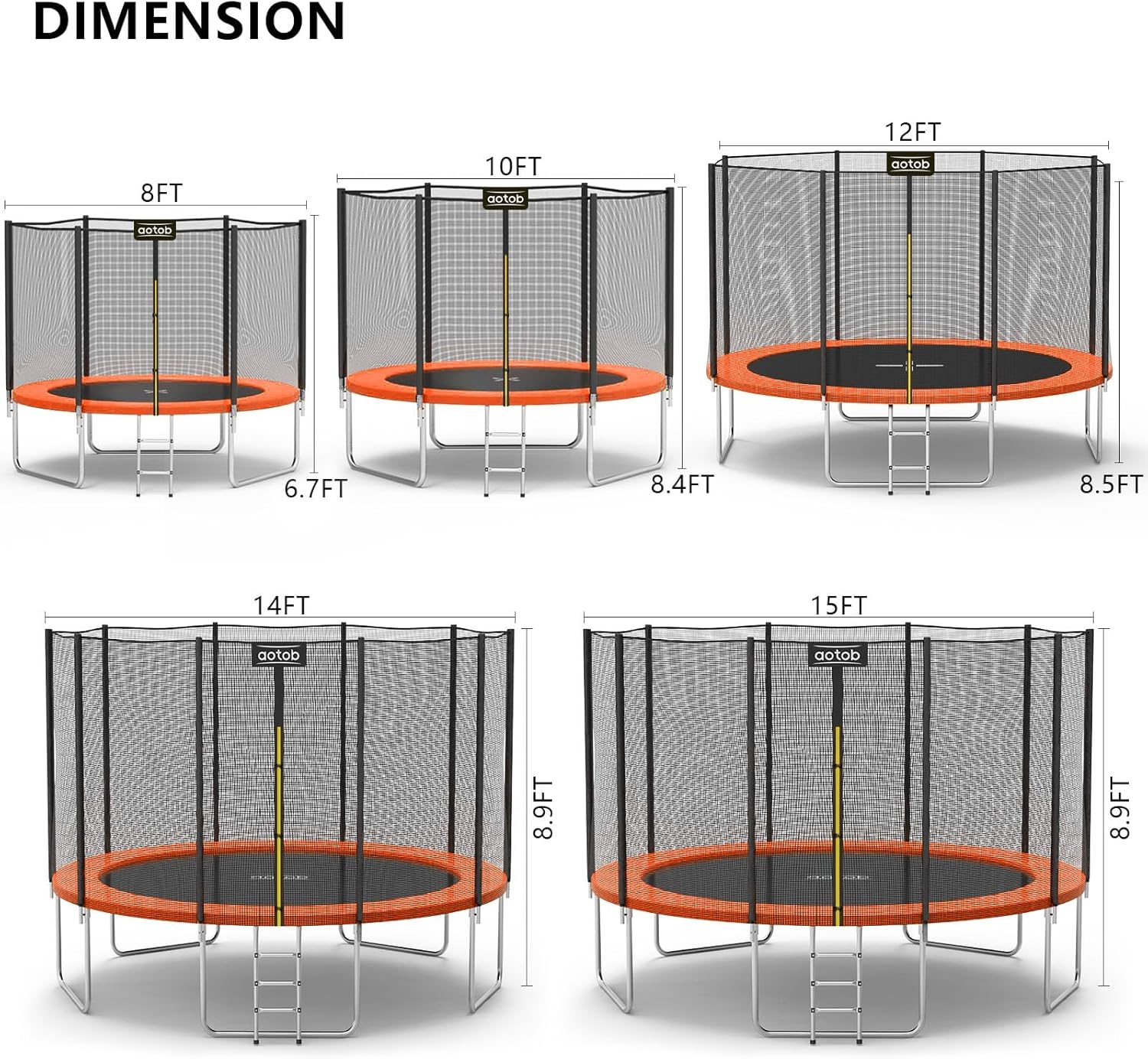 AOTOB 8FT 10FT 12FT 14 FT 15FT Trampoline with Safety Enclosure Net，Outdoor Trampoline with Basketball Hoop, Heavy Duty Jumping Mat and Spring Cover Padding for Kids and Adults, Storage Bag and Ladder wourant