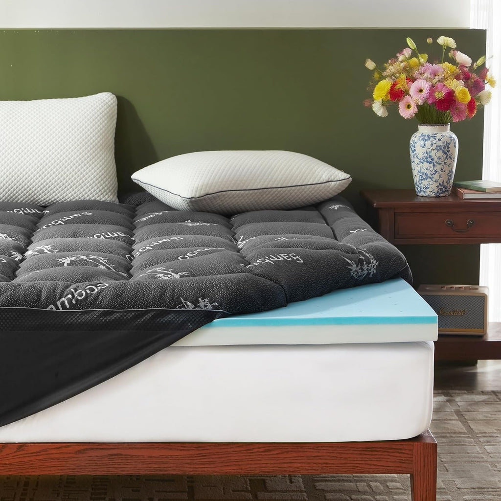 BEDLORE 4 Inch Memory Foam Mattress Topper King,2-in-1 Dual Layer Design (2" Gel Memory Foam + 2" Plush Pillow Top Cover) Mattress Topper Medium-Firm,Pressure Relief & Back Pain Support(Dark Gray) woonhhop