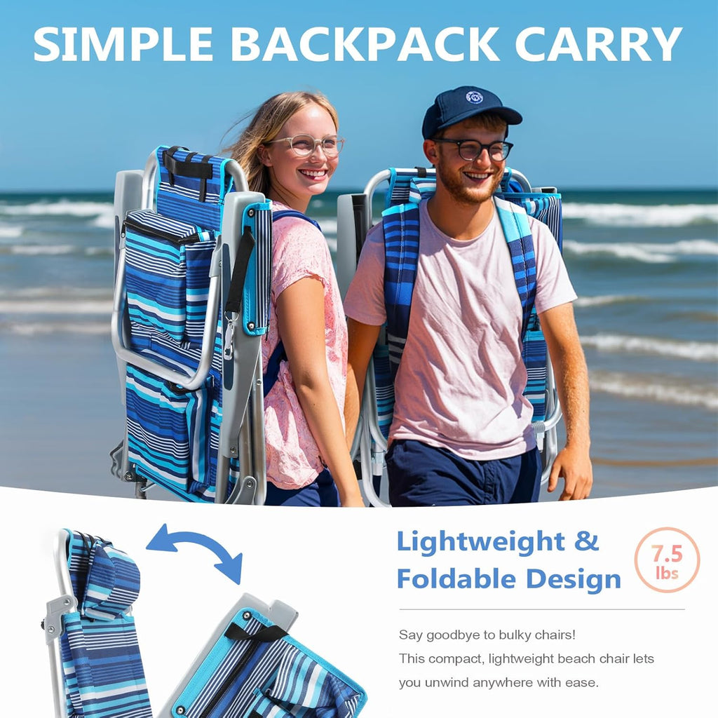 5-Position Aluminum Lay Flat Tall Backpack Beach Chairs 2 Pack Compact Portable Beach Chairs for Adults with Cooler Pouch, Storage Pouch, Towel Bar, Cup Holder & Phone Holder, Blue Stripe wourant