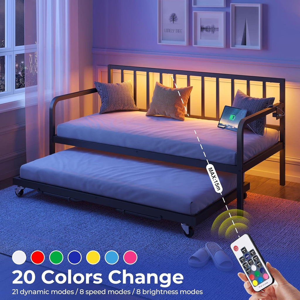Rolanstar Daybed with Charging Station and LED Lights, Height Adjustable Twin Daybed with Trundle, Metal Sofa Bed Frame with Steel Slat Support wourant