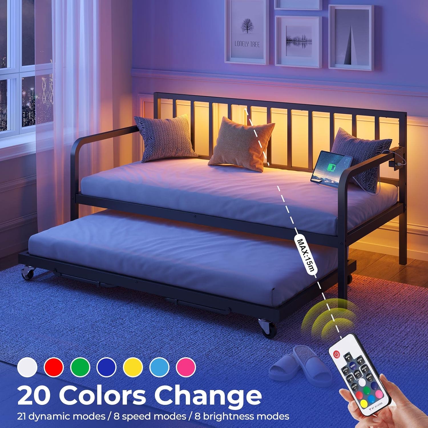 Rolanstar Daybed with Charging Station and LED Lights, Height Adjustable Twin Daybed with Trundle, Metal Sofa Bed Frame with Steel Slat Support wourant