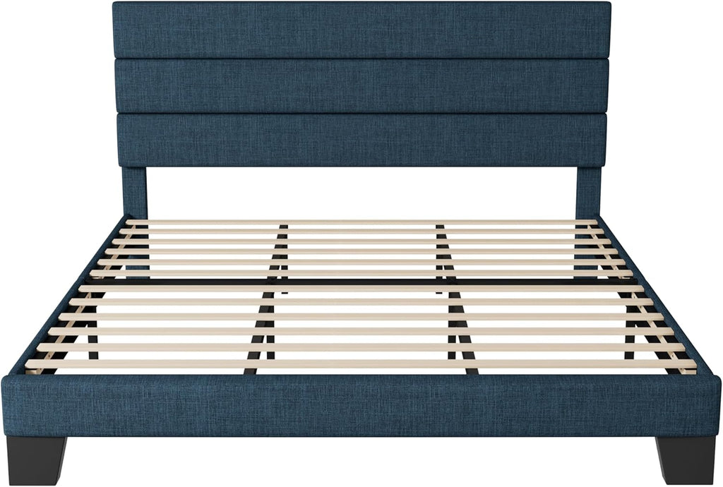 Allewie Queen Size Platform Bed Frame Fabric Upholstered Headboard Wooden Slats Support wourant