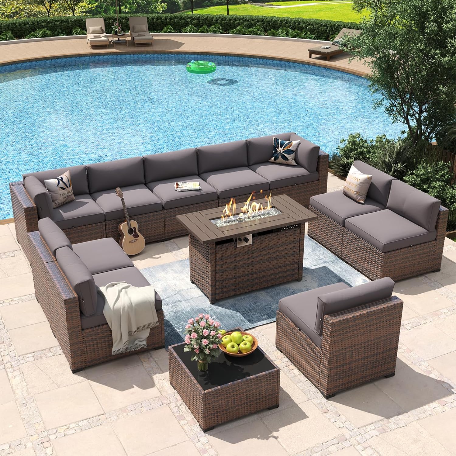 Aoxun 8 Piece Patio Furniture Set with 44?Fire Pit Table Wicker Rattan Outdoor Sectional Sofa Set with Coffee Table and Thickened Cushions, Beige (Waterproof Cover Included) woonhhop