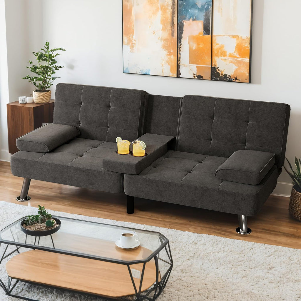Shahoo Modern Linen Upholstered Convertible Folding Futon Sofa Bed with Removable Armrests wourant