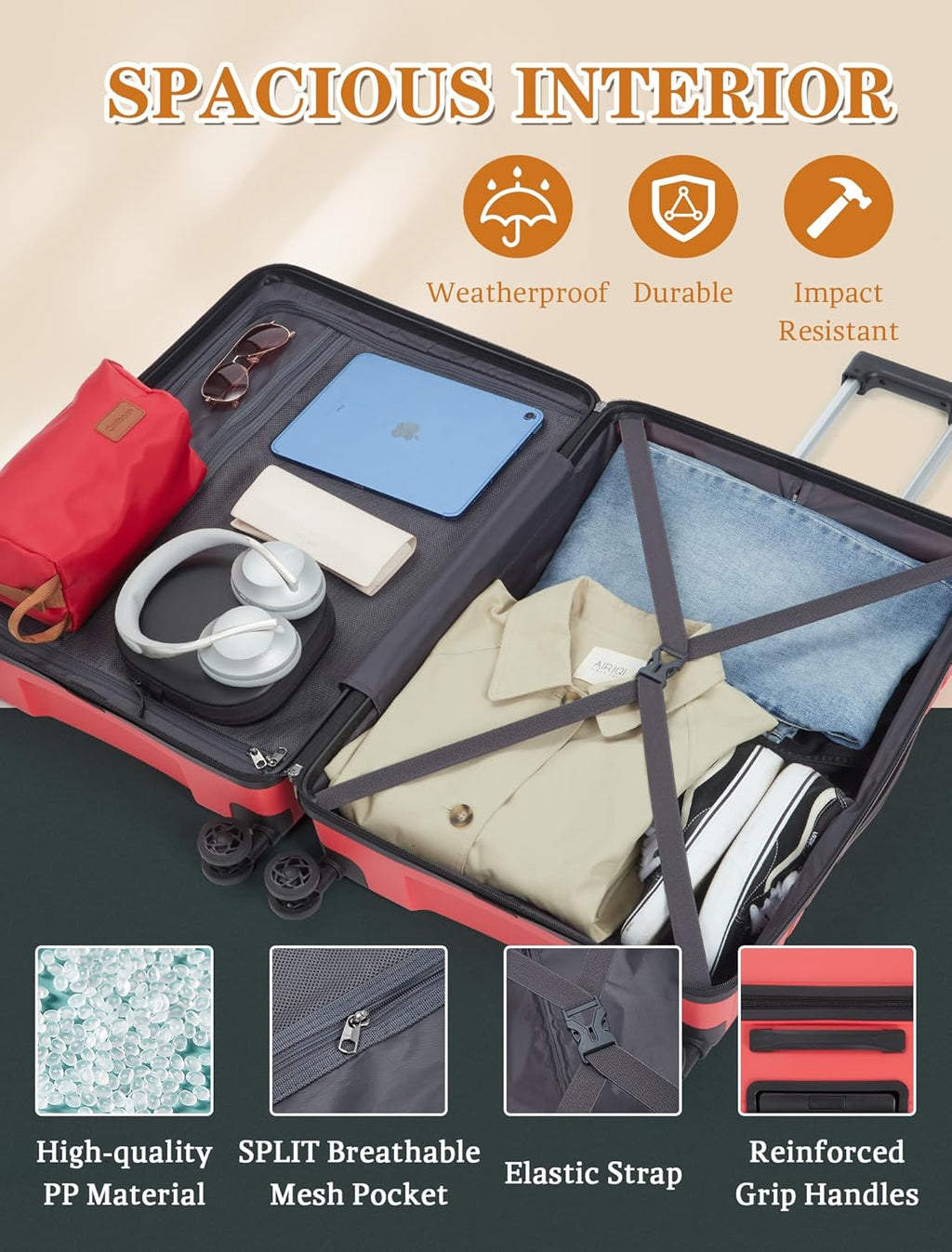 5-piece luggage set with wheels, ABS hardshell suitcase with spinner wheels wourant