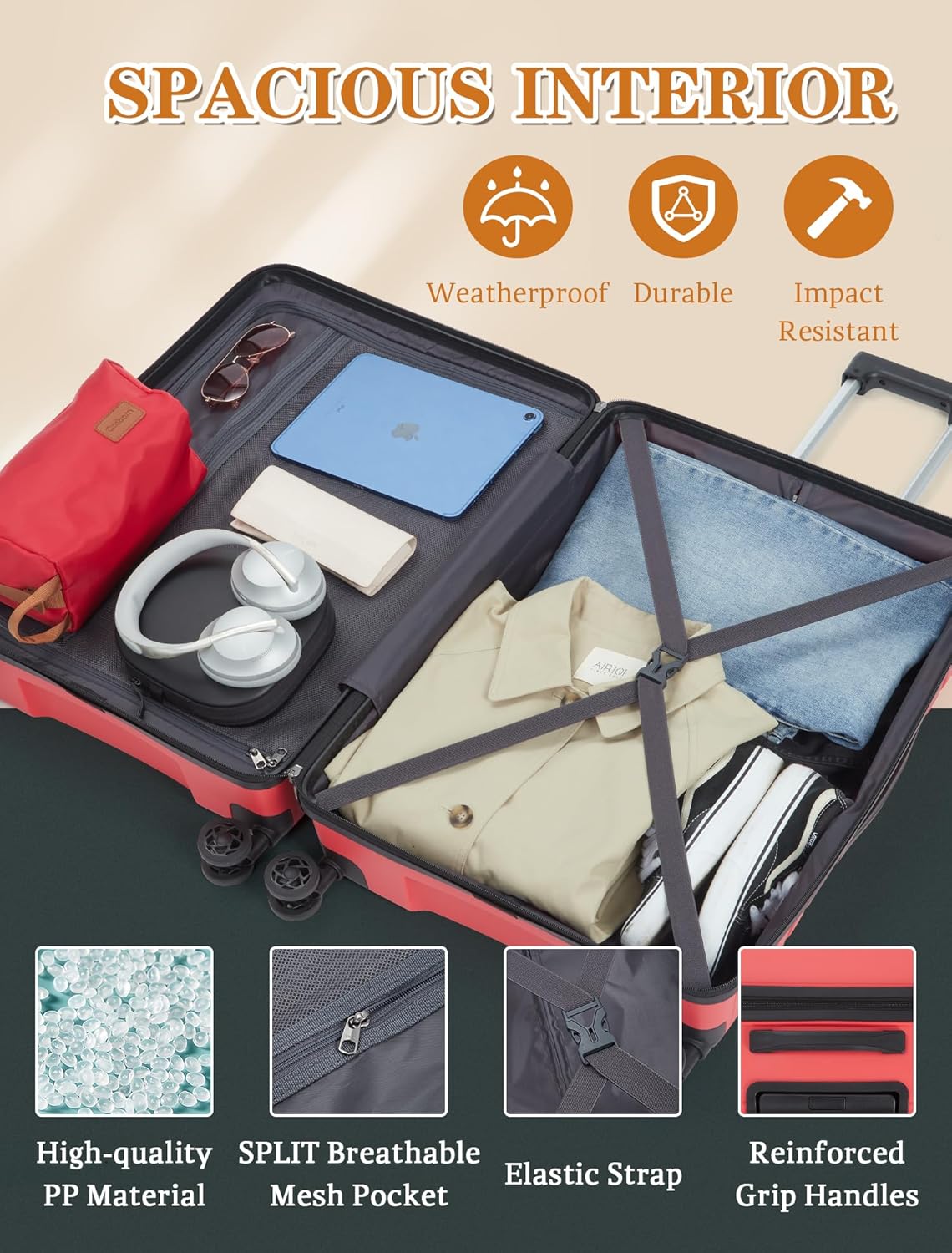 5-piece luggage set with wheels, ABS hardshell suitcase with spinner wheels wourant